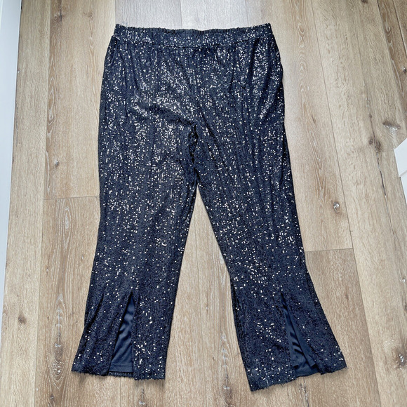 Eloquii Women Plus Size 24 Black Sequin Pants Pull On Split Front Event Party - Picture 1 of 14